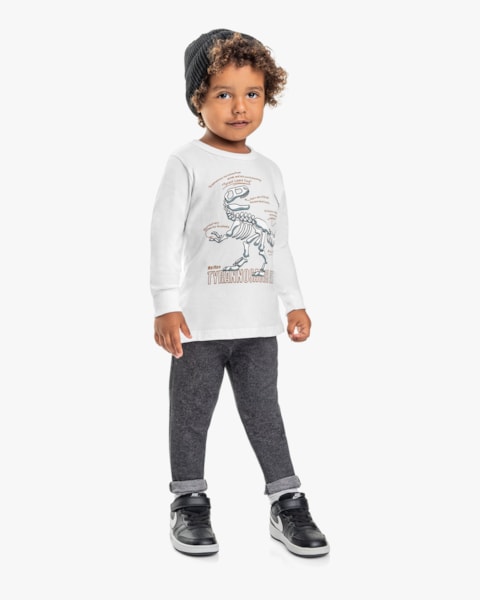 Camiseta Infantil Menino Manga Longa Estampa Dinossauro - ReiRex - Branco