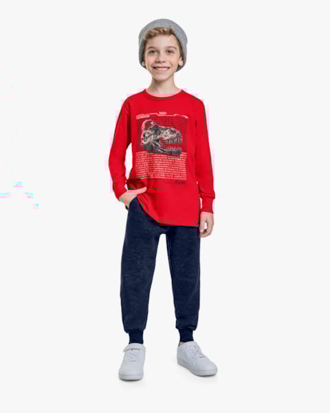 Camiseta Infantil Menino Manga Longa Estampa Dinossauro - ReiRex - Tomato