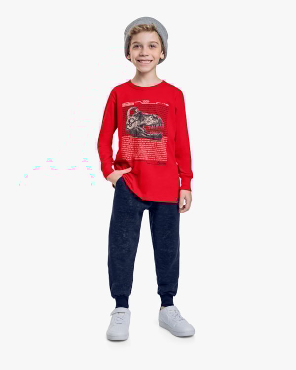 Camiseta Infantil Menino Manga Longa Estampa Dinossauro - ReiRex - Tomato