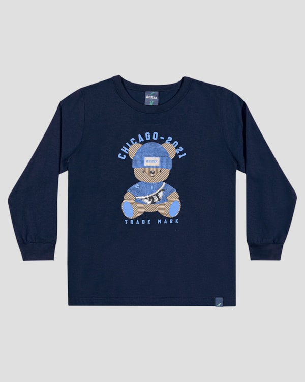 Camiseta Infantil Menino Manga Longa Estampa Ursinho - ReiRex - Azul