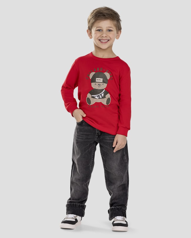 Camiseta Infantil Menino Manga Longa Estampa Ursinho - ReiRex - Vermelho-20447a2d-5a8c-420b-b2ae-cc393f101caf