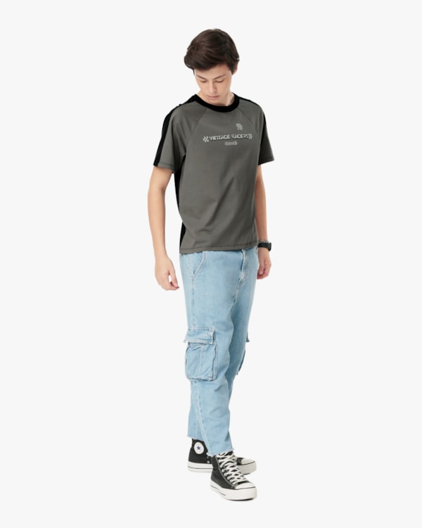 Camiseta Juvenil Masculina com Recorte Contraste - BaseD - Dark Gray