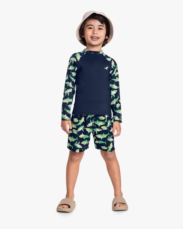 Camiseta Praia Infantil Menino com Manga Estampada - ReiRex - Oxford