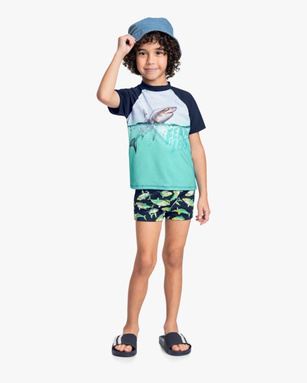 Camiseta Praia Infantil Menino Manga Curta com Estampa - ReiRex - Oxford