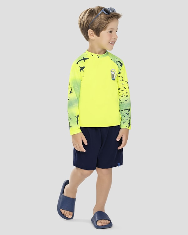 Camiseta Praia Infantil Menino UV 50+ com Qr Code ReiRex Amarelo