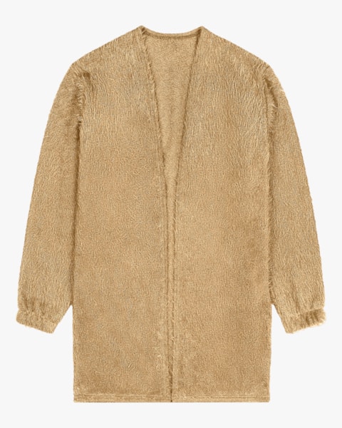 Cardigan Alongado em Tricô Cereja Rosa Bege