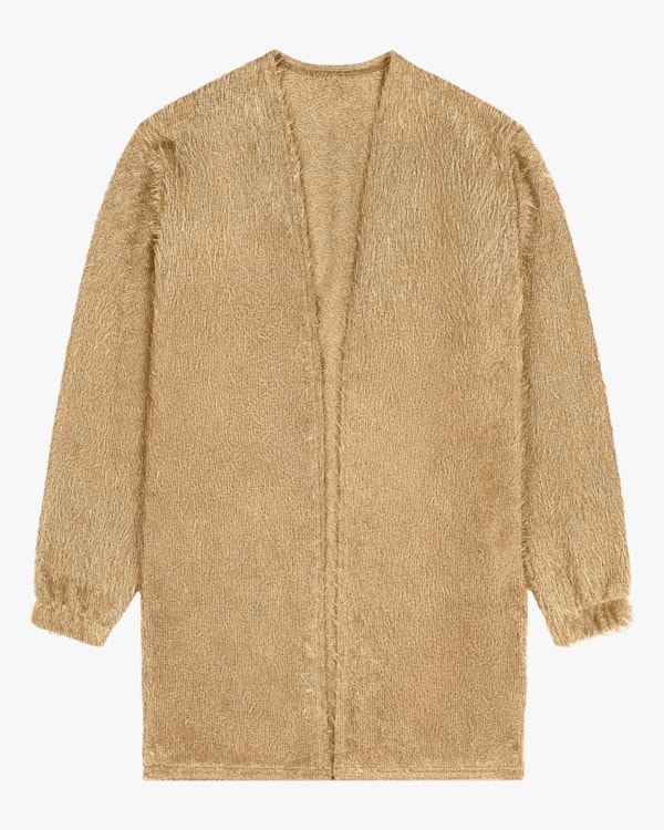 Cardigan Alongado em Tricô Cereja Rosa Bege