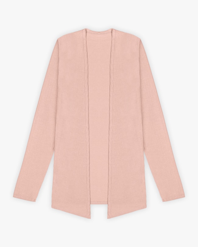 Cardigan Básico Feminino em Ribana Canelada - Cereja Rosa - Nude-ea11919d-0672-4098-ab65-b12b8e2d83b3