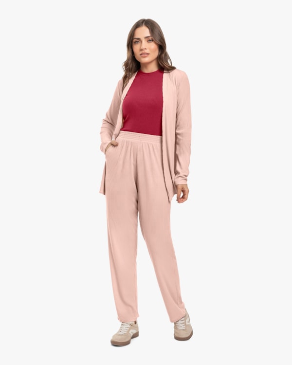 Cardigan Básico Feminino em Ribana Canelada - Cereja Rosa - Nude