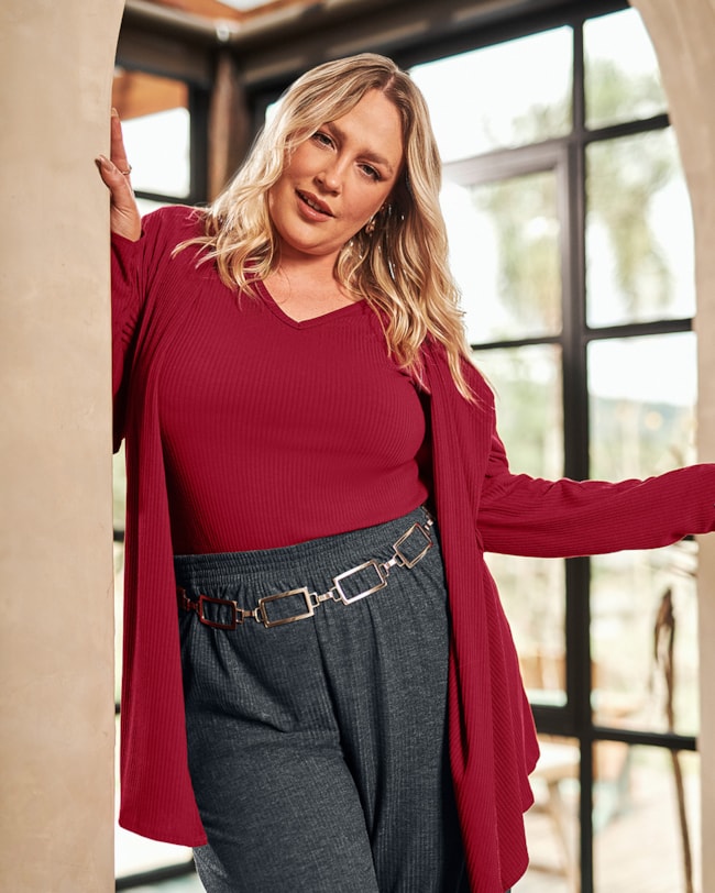 Cardigan Básico Plus Size em Ribana Canelada - Cereja Rosa - Cherry Red-81b103b2-6b5a-4059-9ef5-b0f09fc8d00f
