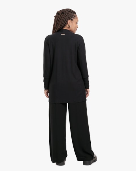 Cardigan Feminino Alongado em Viscose Canelada - Cereja Rosa - Preto