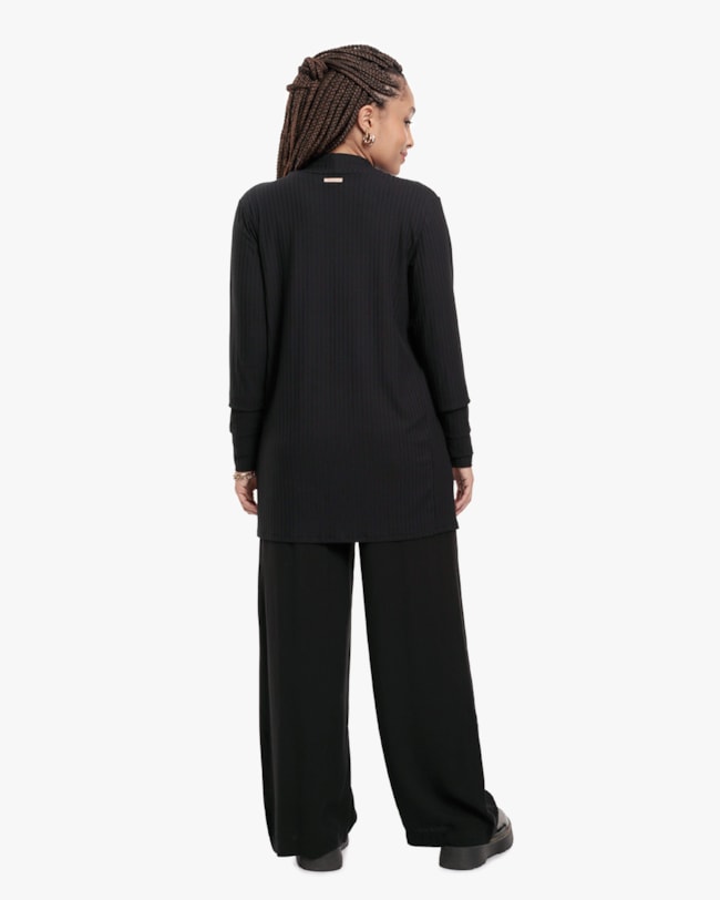 Cardigan Feminino Alongado em Viscose Canelada - Cereja Rosa - Preto-7d70b801-84de-44c3-a55b-305d0e3ef8f4