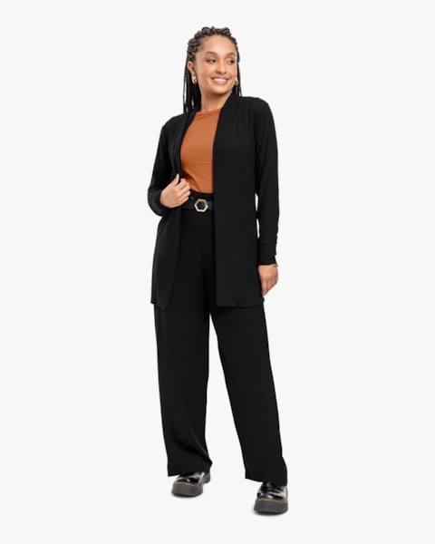 Cardigan Feminino Alongado em Viscose Canelada - Cereja Rosa - Preto