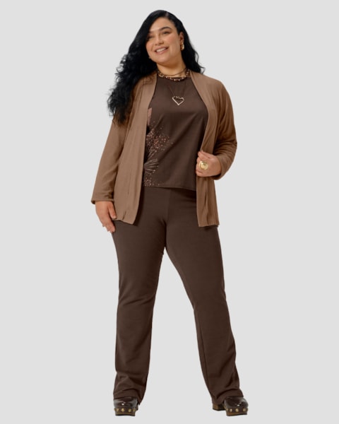 Cardigan Feminino Plus Size em Viscose Canelada - Cereja Rosa - Marrom