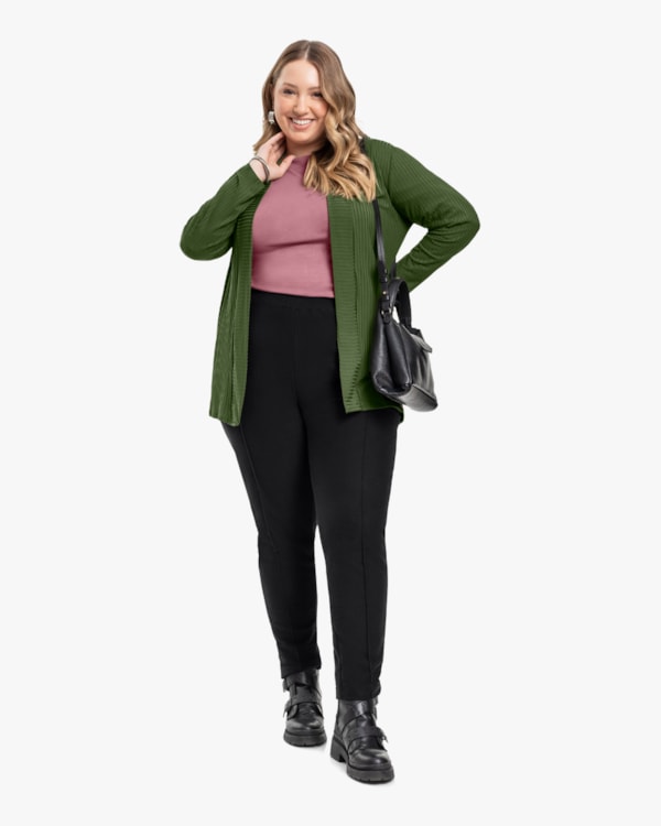 Cardigan Feminino Plus Size em Viscose Canelada - Cereja Rosa - Militar