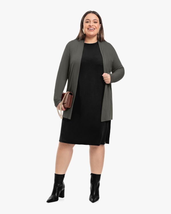 Cardigan Plus Size em Malha Crepe com Bolso - Cereja Rosa - Dark Gray