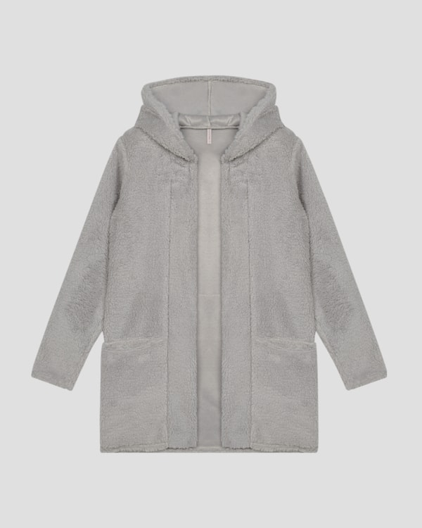 Casaco Feminino em Pelo Teddy com Capuz - Cereja Rosa - Cinza