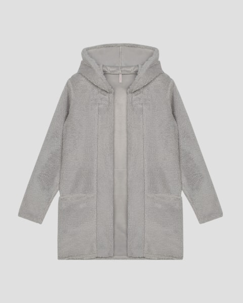 Casaco Feminino em Pelo Teddy com Capuz - Cereja Rosa - Cinza