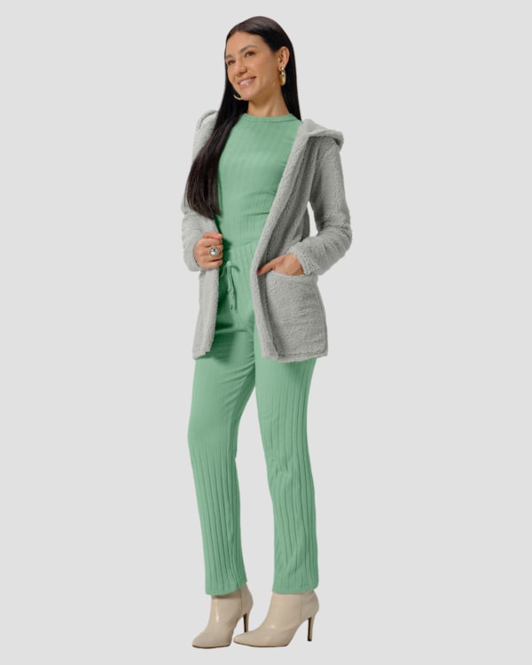 Casaco Feminino em Pelo Teddy com Capuz - Cereja Rosa - Cinza