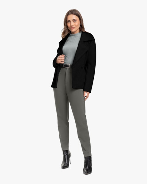 Casaco Feminino Lã Batida com Bolso - Cereja Rosa - Preto