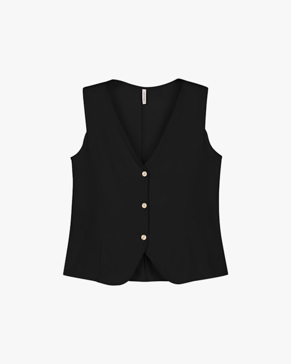 Colete Feminino com Decote V e Botões - Cereja Rosa - Preto