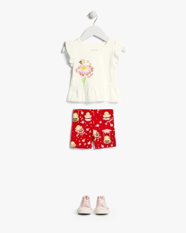 Conjunto Bebê Menina Blusa e Bermuda com Estampa - Kely Kety - Natural
