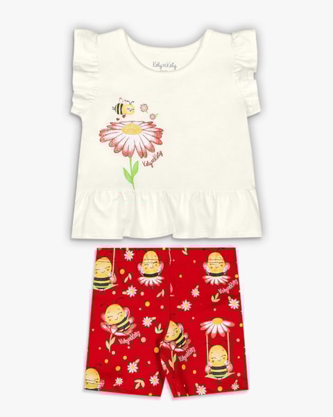 Conjunto Bebê Menina Blusa e Bermuda com Estampa - Kely Kety - Natural