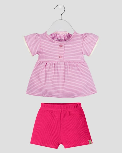 Conjunto Bebê Menina Blusa e Shorts em Malha - Kely Kety - Rosa Buquê