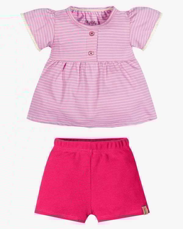 Conjunto Bebê Menina Blusa e Shorts em Malha - Kely Kety - Rosa Buquê