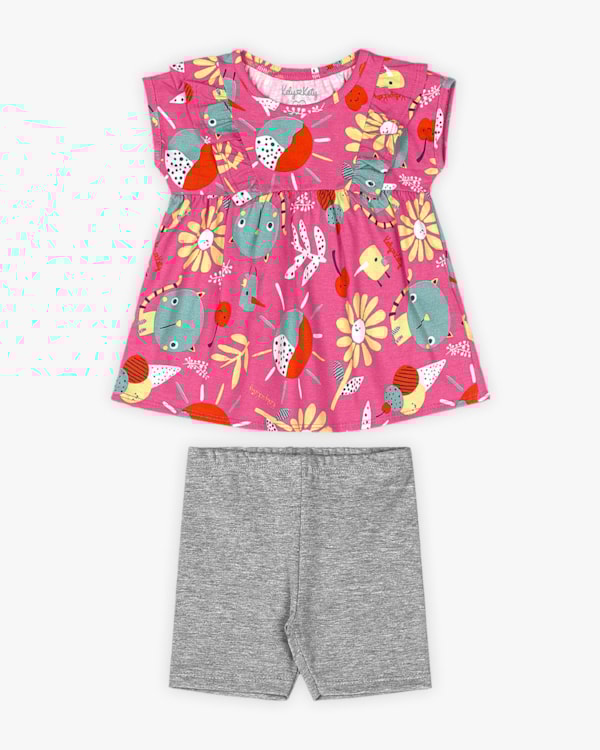 Conjunto Bebê Menina Blusa Estampada e Bermuda - Kely Kety - Rosa