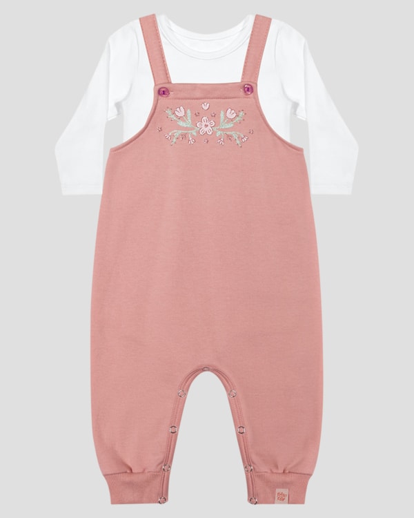 Conjunto Bebê Menina Blusa Manga Longa e Jardineira - Kely Kety - Rosa