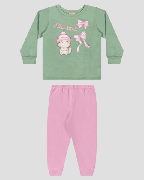 Conjunto Bebê Menina Blusão com Estampa e Calça - Kely Kety - Verde