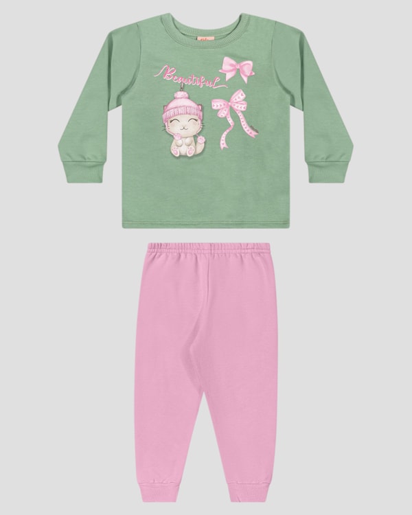 Conjunto Bebê Menina Blusão com Estampa e Calça - Kely Kety - Verde