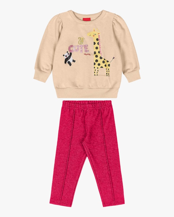 Conjunto Bebê Menina Blusão e Calça em Moletom - Kely Kety - Bege