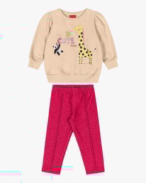 Conjunto Bebê Menina Blusão e Calça em Moletom - Kely Kety - Bege