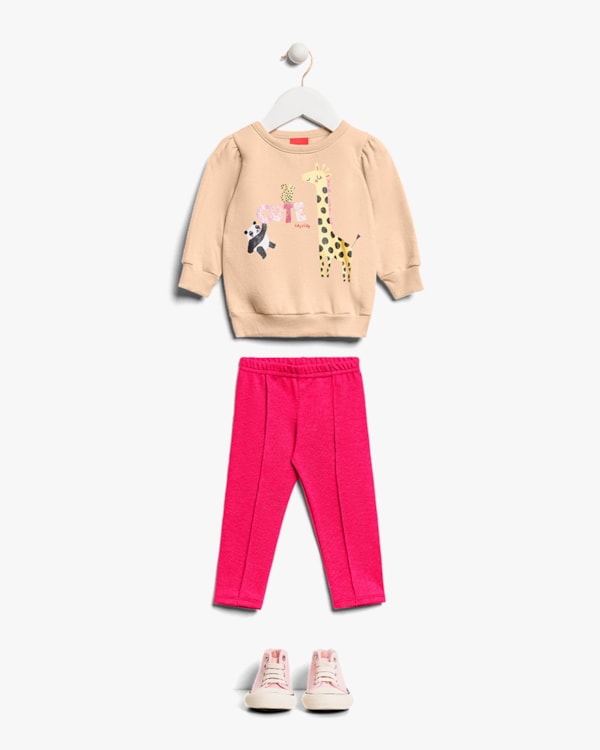 Conjunto Bebê Menina Blusão e Calça em Moletom - Kely Kety - Bege