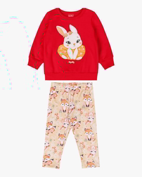 Conjunto Bebê Menina Blusão e Legging Estampa Coelhinho - Kely Kety - Vermelho
