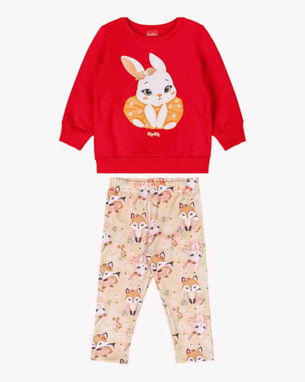 Conjunto Bebê Menina Blusão e Legging Estampa Coelhinho - Kely Kety - Vermelho