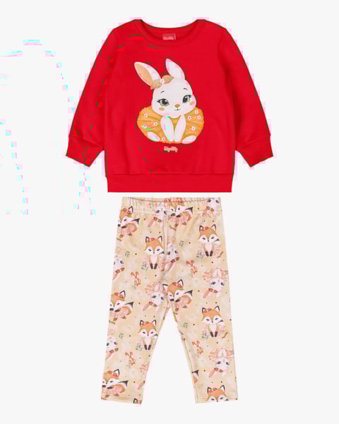 Conjunto Bebê Menina Blusão e Legging Estampa Coelhinho - Kely Kety - Vermelho