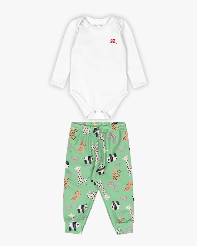 Conjunto Bebê Menina Body e Calça Estampada - Kely Kety - Branco-f64dd97c-382e-4b57-abfa-64af84e63f91