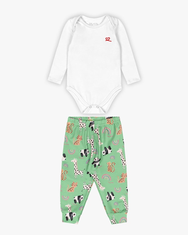 Conjunto Bebê Menina Body e Calça Estampada - Kely Kety - Branco