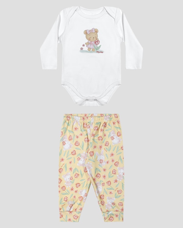 Conjunto Bebê Menina Body e Calça Estampada - Kely Kety - Branco
