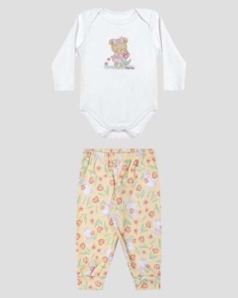 Conjunto Bebê Menina Body e Calça Estampada - Kely Kety - Branco