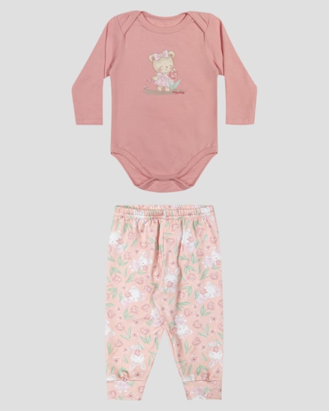 Conjunto Bebê Menina Body e Calça Estampada - Kely Kety - Rosa