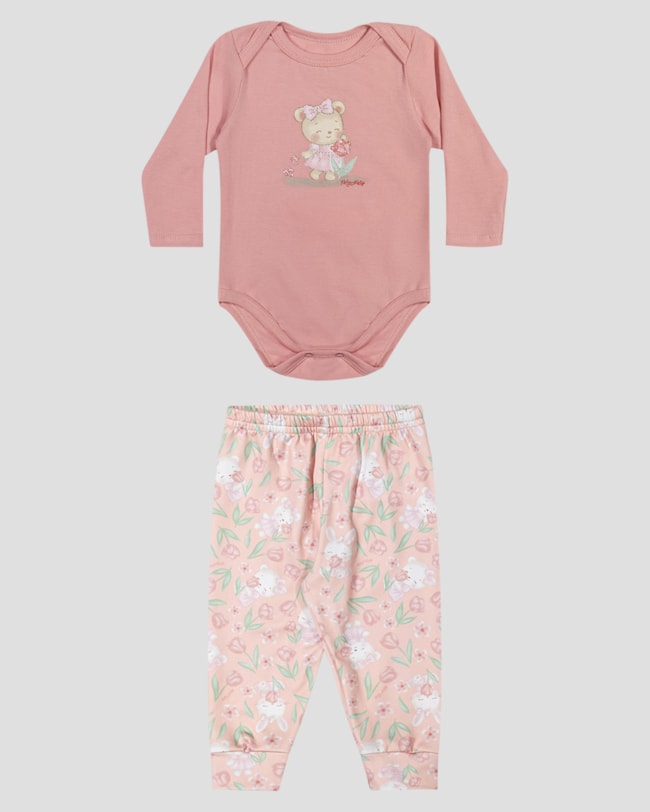 Conjunto Bebê Menina Body e Calça Estampada - Kely Kety - Rosa-6485f7ef-9dac-46ba-9ebb-cd748b47a19b