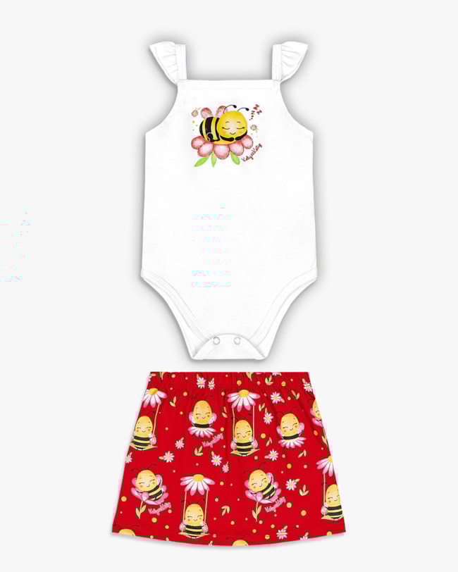 Conjunto Bebê Menina Body e Saia Estampa Abelhinha - Kely Kety - Branco-620a3342-2f88-4148-ac6c-6a2a96043bc4