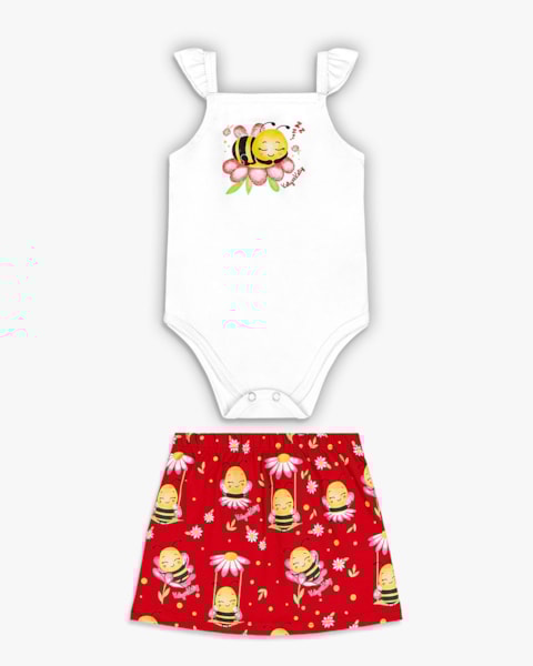 Conjunto Bebê Menina Body e Saia Estampa Abelhinha - Kely Kety - Branco
