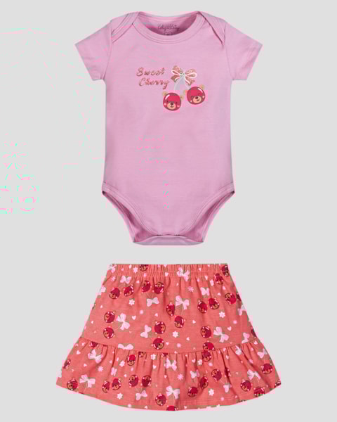 Conjunto Bebê Menina Body e Saia Estampa Kely Kety Rosa