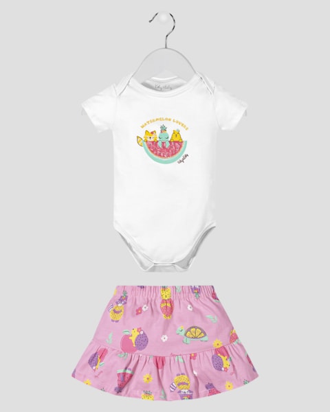 Conjunto Bebê Menina Body e Saia Estampada - Kely Kety - Branco