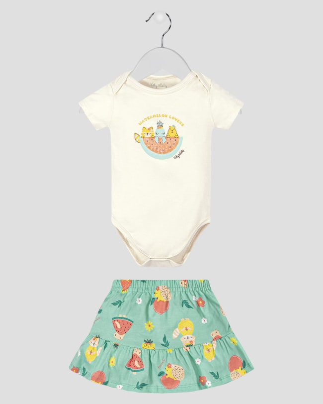 Conjunto Bebê Menina Body e Saia Estampada - Kely Kety - Natural-b634f9b4-950f-44cc-b98b-a6764eed3b4e